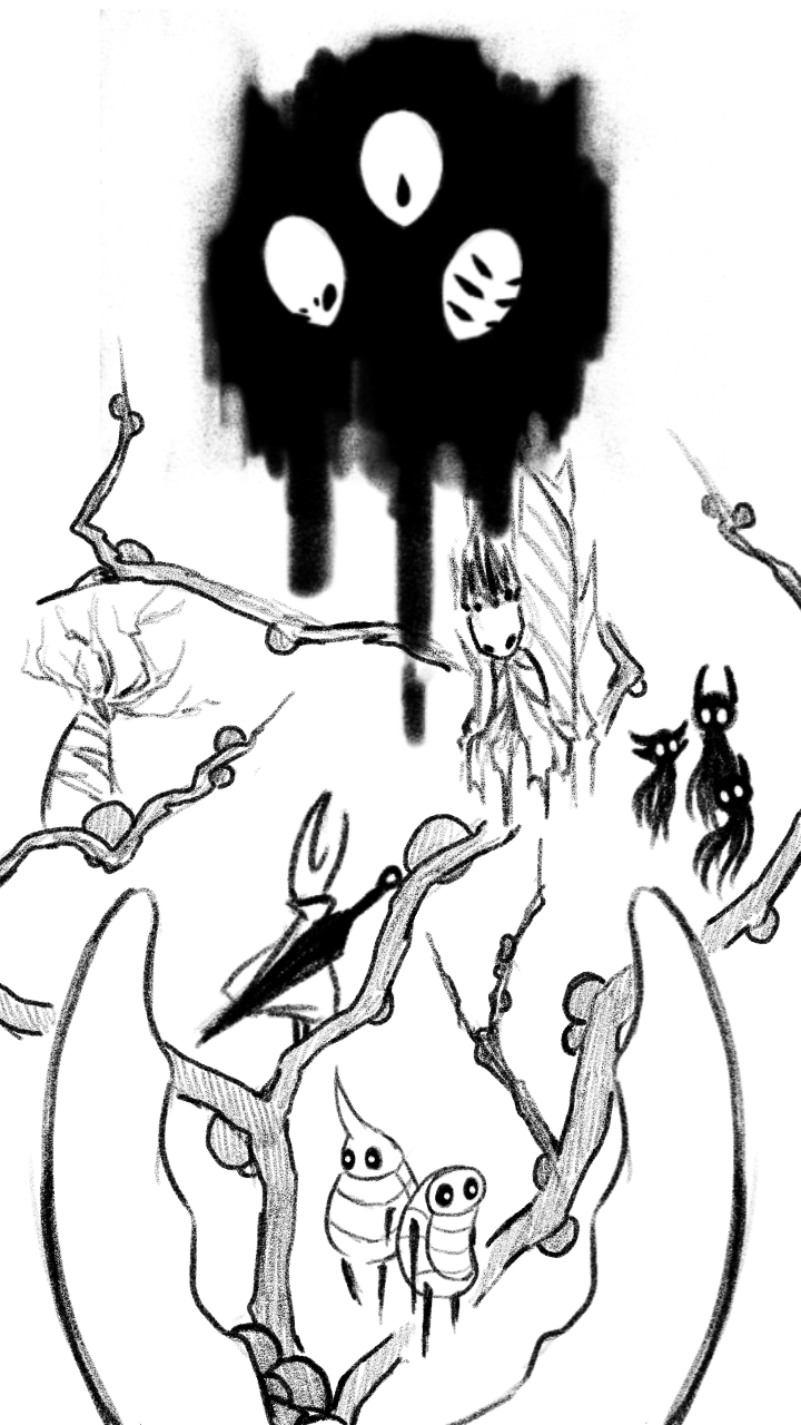 Comic page 6. A panorama with the depicting the events that led to the sealing of the Hollow Knight and the resurge of the Infection.